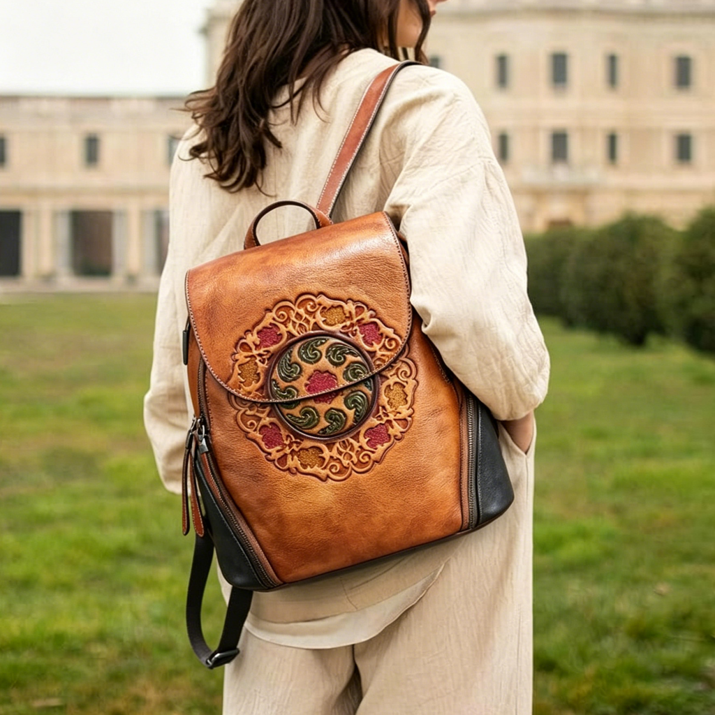 Vintage Embossed Women Leather Backpack