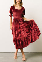 Load image into Gallery viewer, Gold Velvet Squared Neck Ruffles High Waist Smocked Tiered Midi Dress

