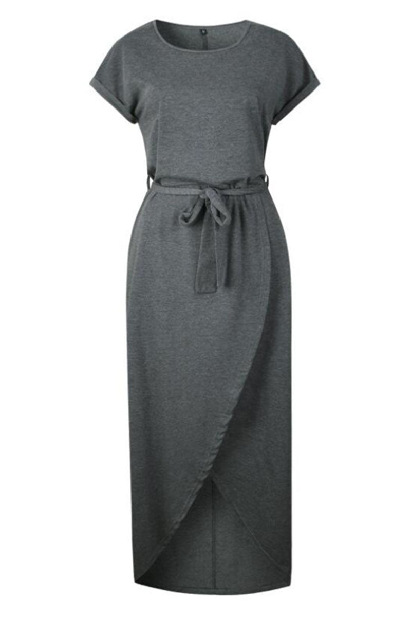 Casual Round Neck Irregular Ruched Slit Front Midi Dress