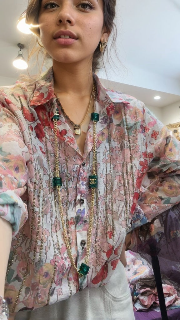 Unique Pink Watercolor Floral Beading Stripped Long Sleeves Shirt