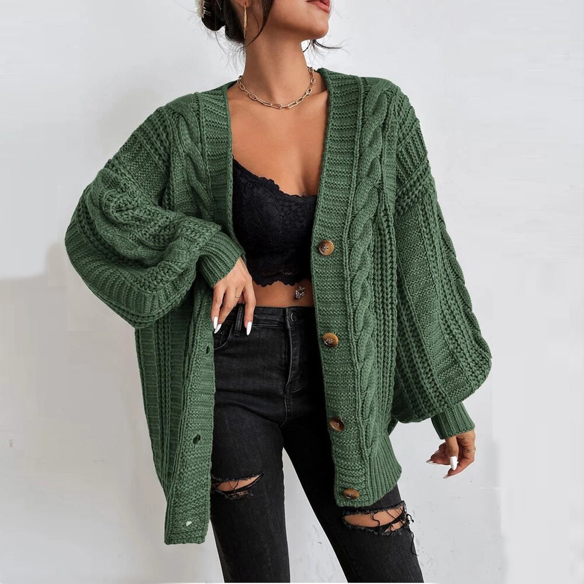 Casual Plain V neck Long Sleeve Cardigan