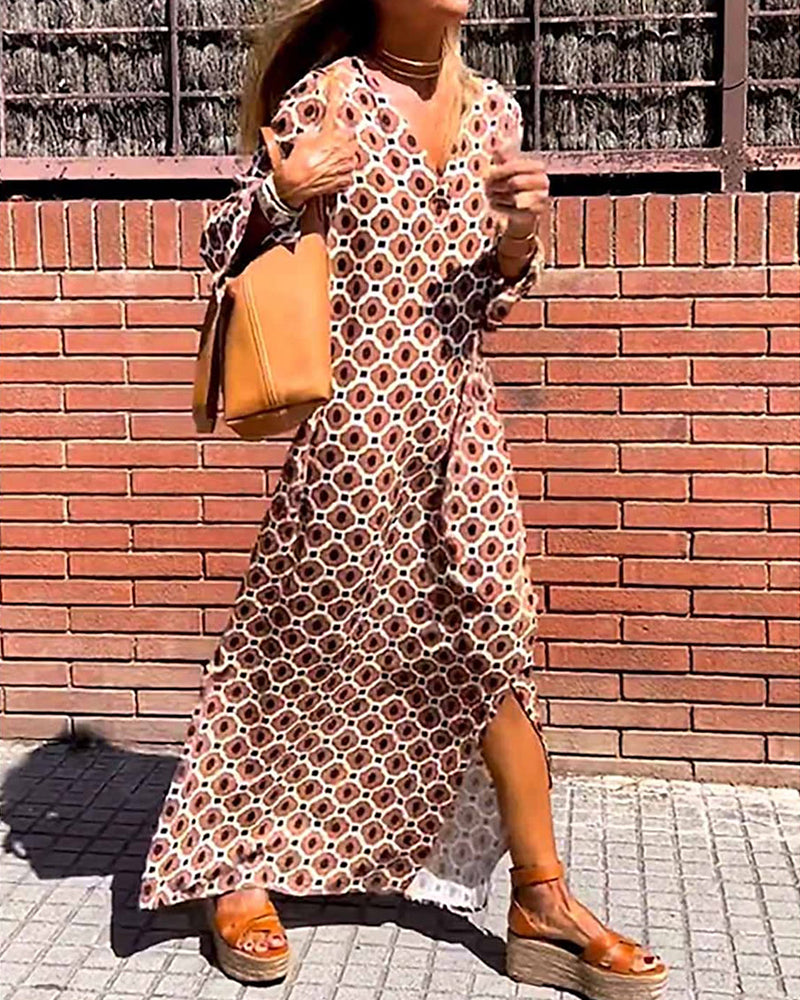 Brown Geometric Print Long Sleeve Maxi Dress