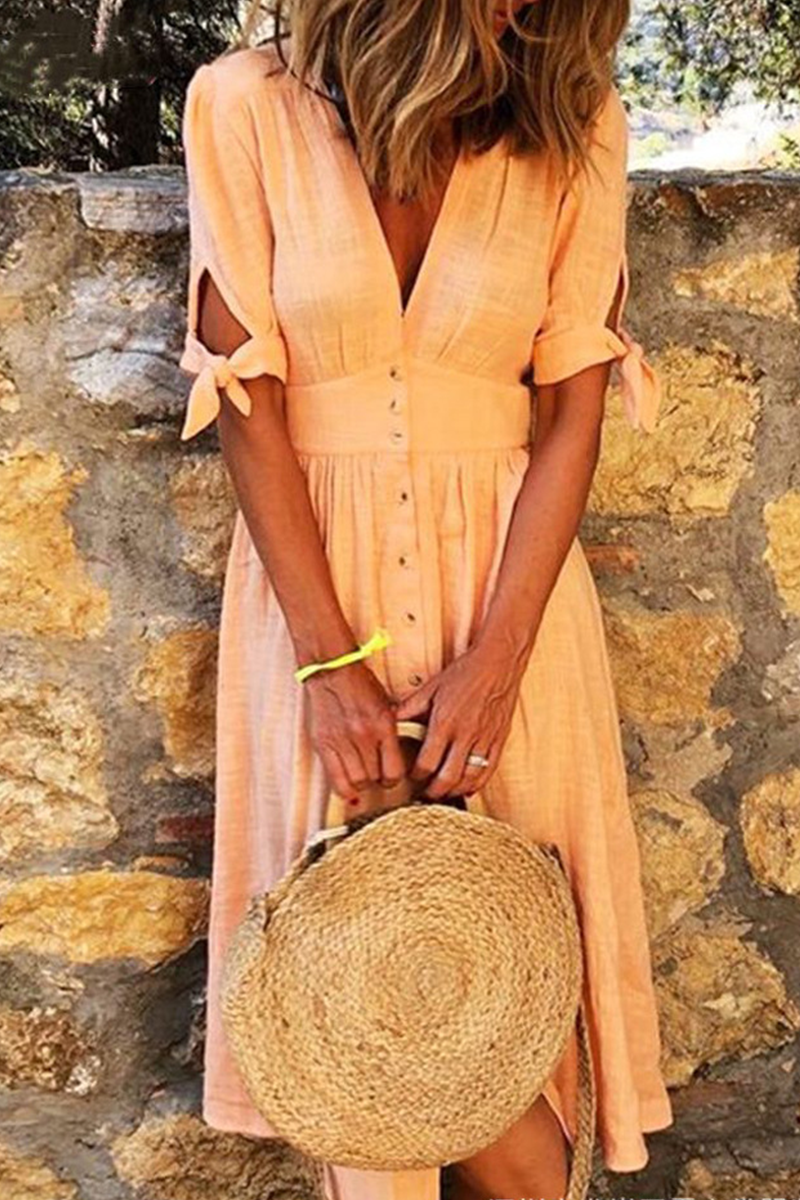 Casual Elegant Buckle Knotted V Neck Buttons Down Midi Dress