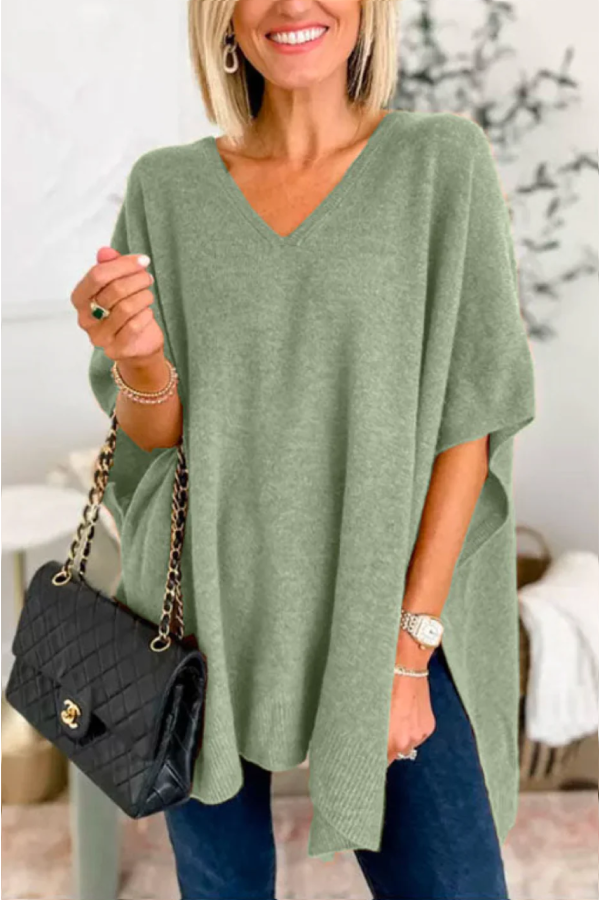 Classic V Neck Loose Fit Solid Poncho Sweater