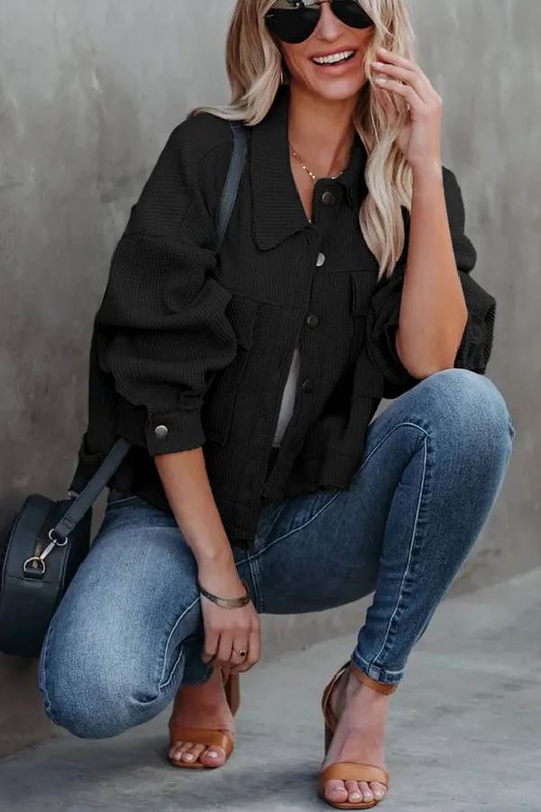 Classic Waffle Cardigan Short Top Jacket