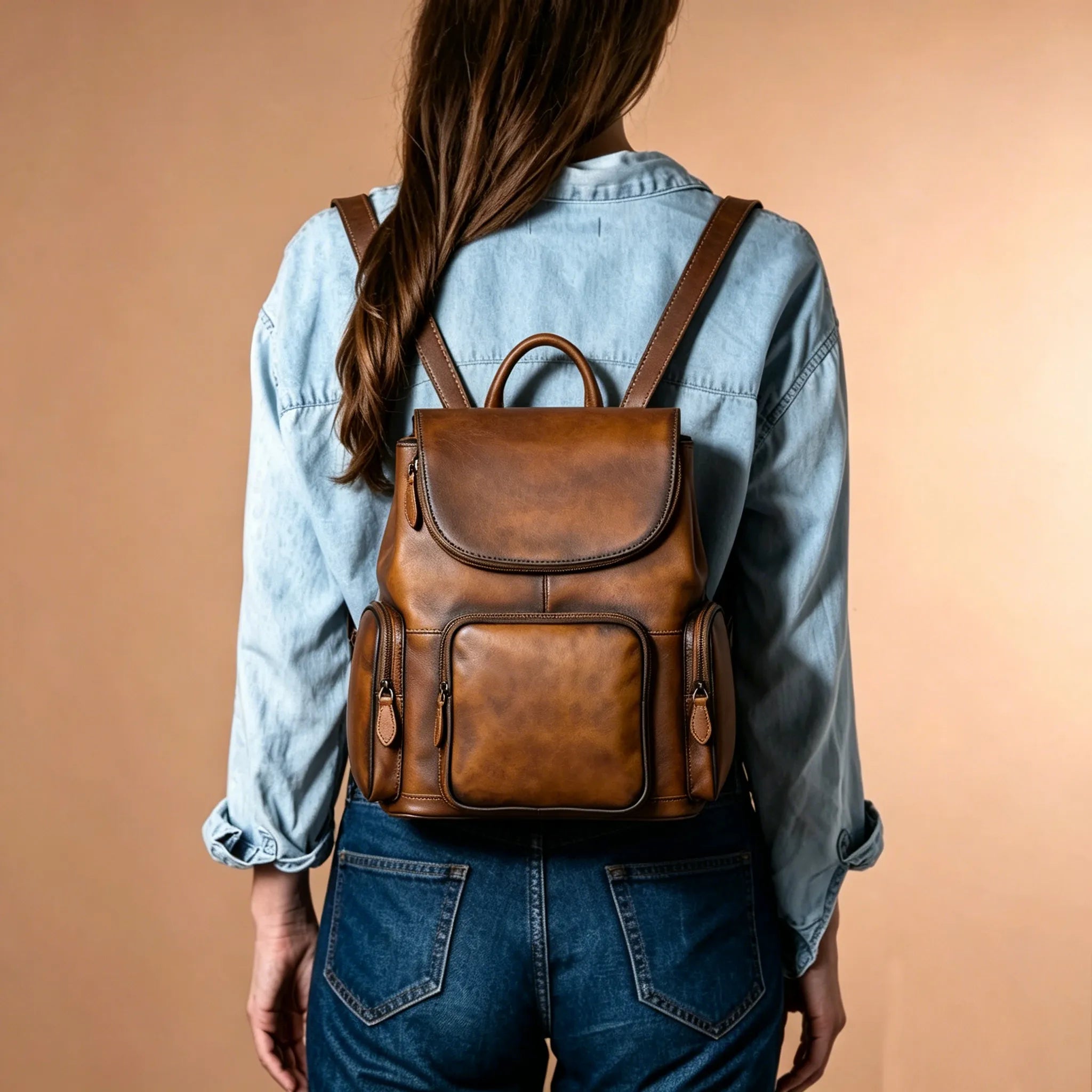 Person wearing a brown leather backpack against a beige background