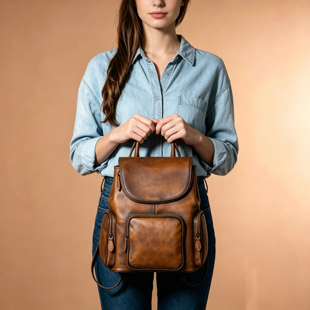 Woman holding a brown leather backpack against a beige background