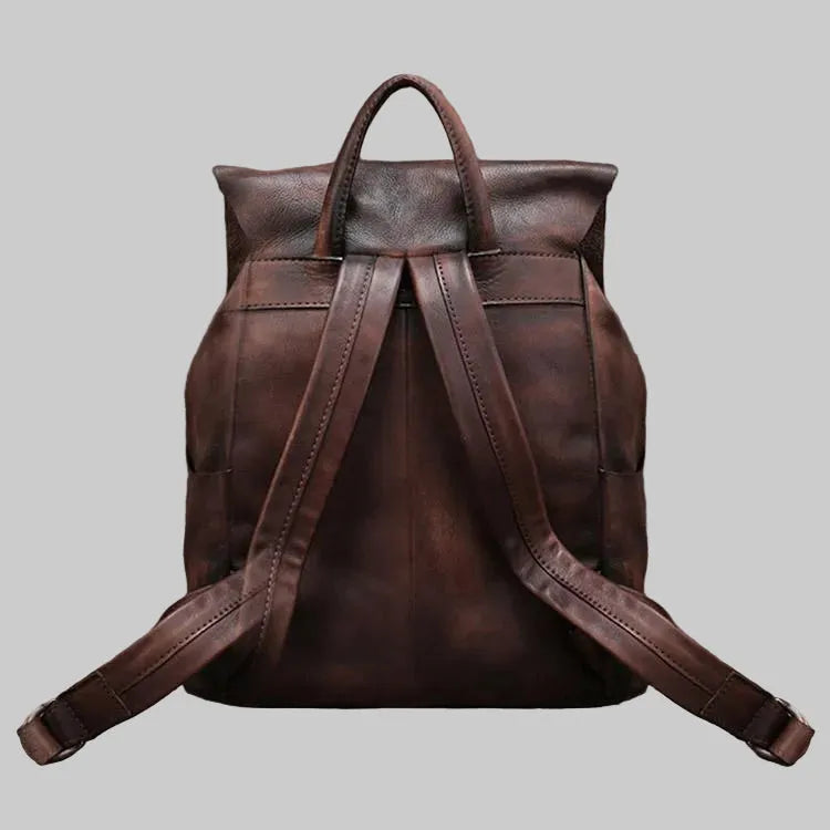 Brown leather backpack on a gray background