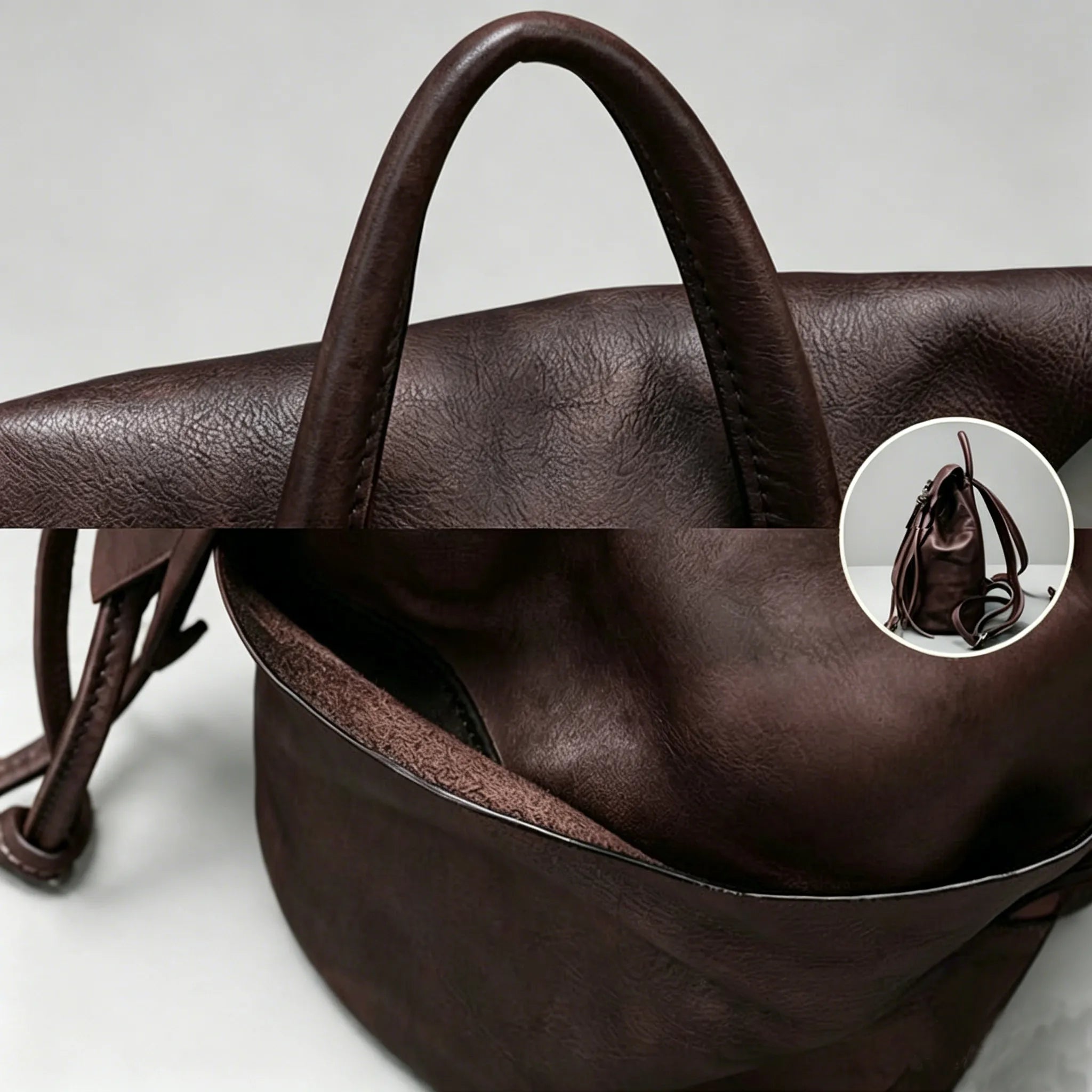 Brown leather bag with a close-up inset on a light gray background