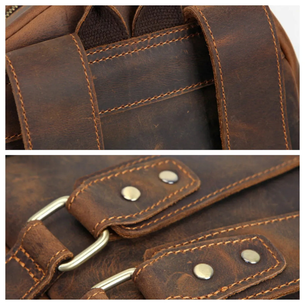 Close-up of a brown leather bag with stitching details
