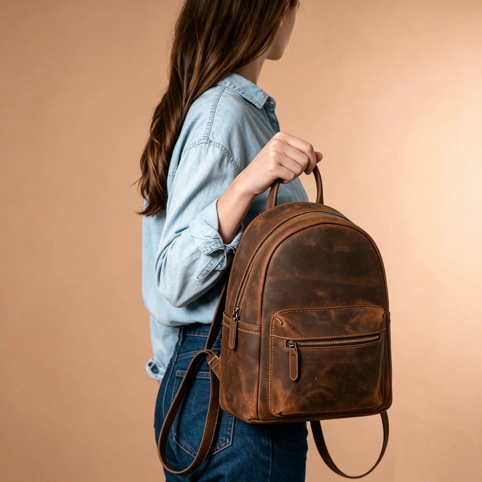 Person holding a brown leather backpack against a beige background