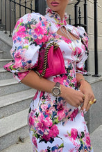 Load image into Gallery viewer, Short Sleeve Floral Stand Collar Bodycon Midi Dress
