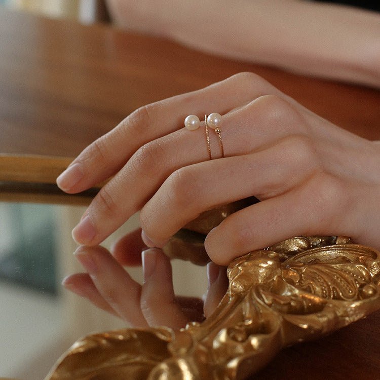 14K Gold Freshwater Pearl Double Layer Adjustable Ring