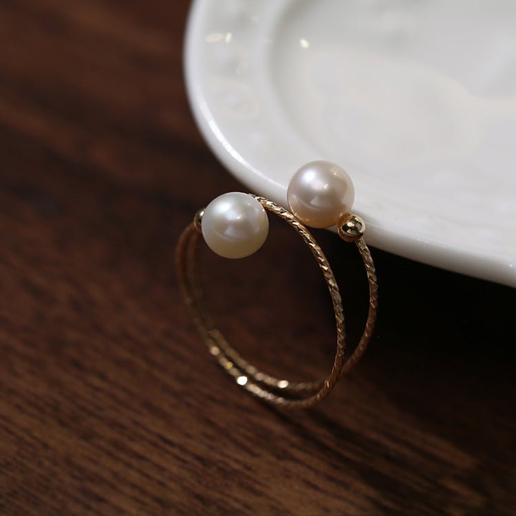 14K Gold Freshwater Pearl Double Layer Adjustable Ring