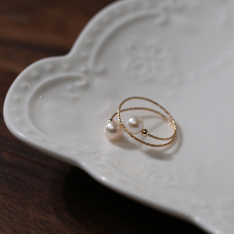 14K Gold Freshwater Pearl Double Layer Adjustable Ring