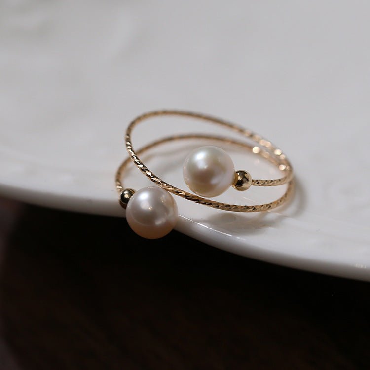 14K Gold Freshwater Pearl Double Layer Adjustable Ring