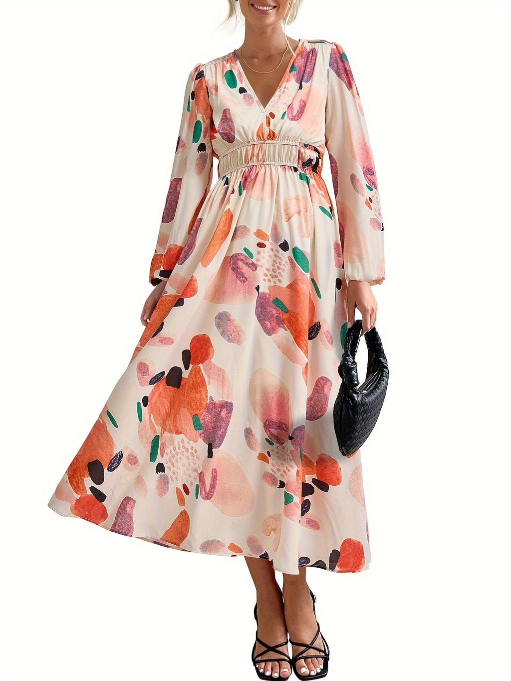 Casual Floral V Neck Long Sleeve Dress