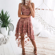 Load image into Gallery viewer, Sexy Pink Lace Embroidery High Low Midi Dress
