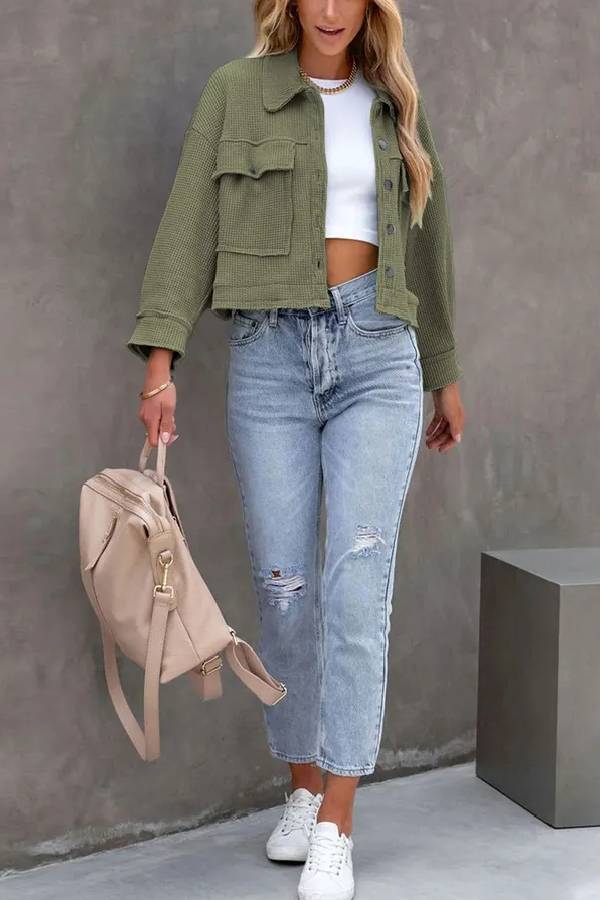 Classic Waffle Cardigan Short Top Jacket