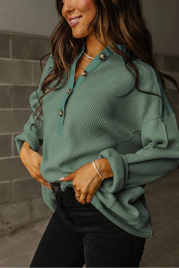 Casual Waffle Patchwork Drop Sleeve Henley Sweatshirt Top