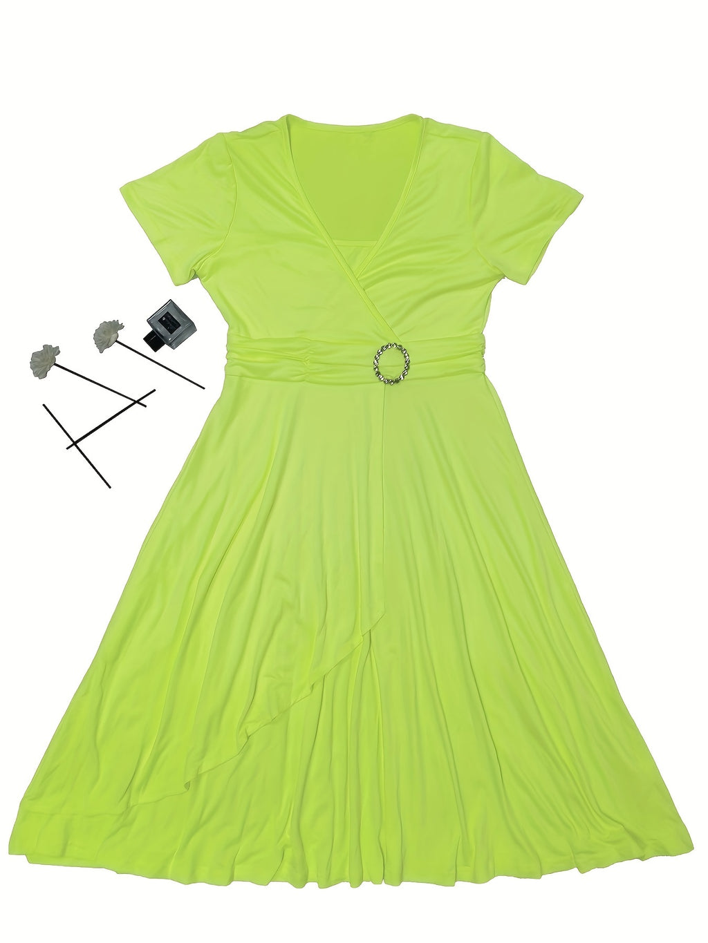 Elegant  V-Neck Asymmetrical Ruffled Midi Dress