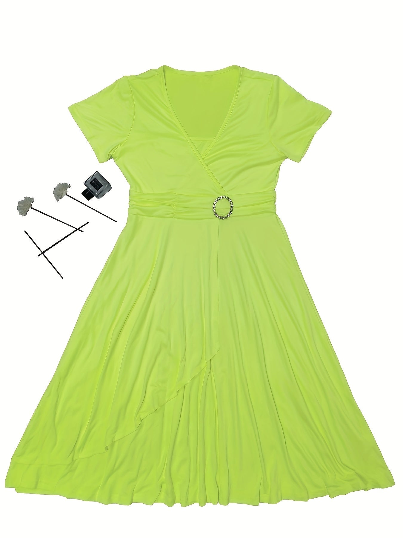 Elegant  V-Neck Asymmetrical Ruffled Midi Dress