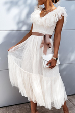 Load image into Gallery viewer, White Elegant V-neck Ruffled Sleeveless Mesh Midi Dress with Belt
