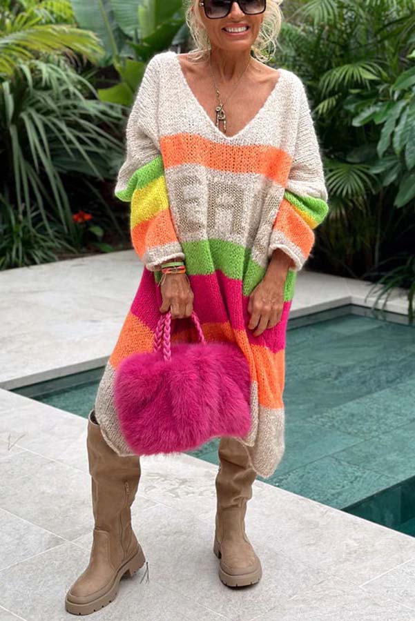 Bohemian Casual Peace Pattern Color Blocks Stripped Midi Sweater Dress