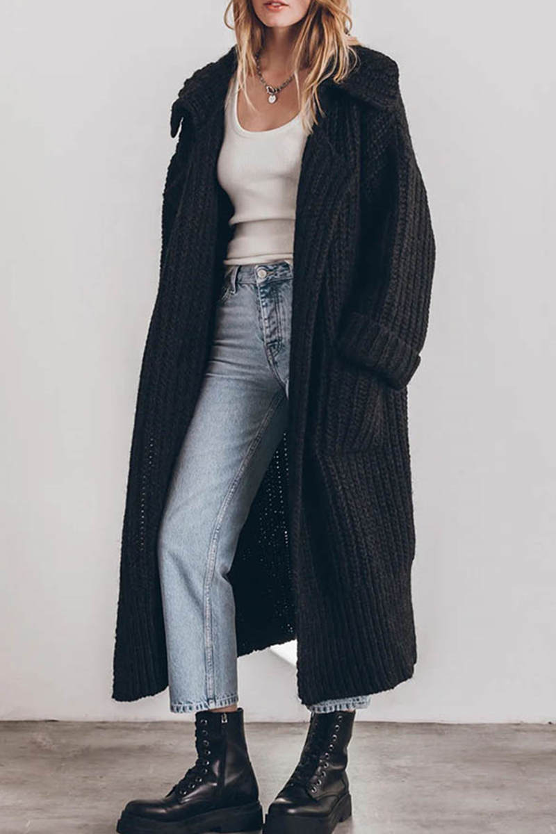 Elegant Solid Pocket Weave Turndown Collar Cardigan Outerwear