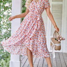 Load image into Gallery viewer, Floral V Neck Short Sleeve Ruffle Midi Dress

