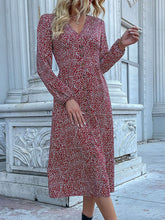 Load image into Gallery viewer, High Waisted Buttoned Leopard V-Neck Long Sleeve Midi Dress
