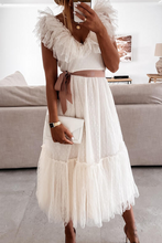 Load image into Gallery viewer, White Elegant V-neck Ruffled Sleeveless Mesh Midi Dress with Belt
