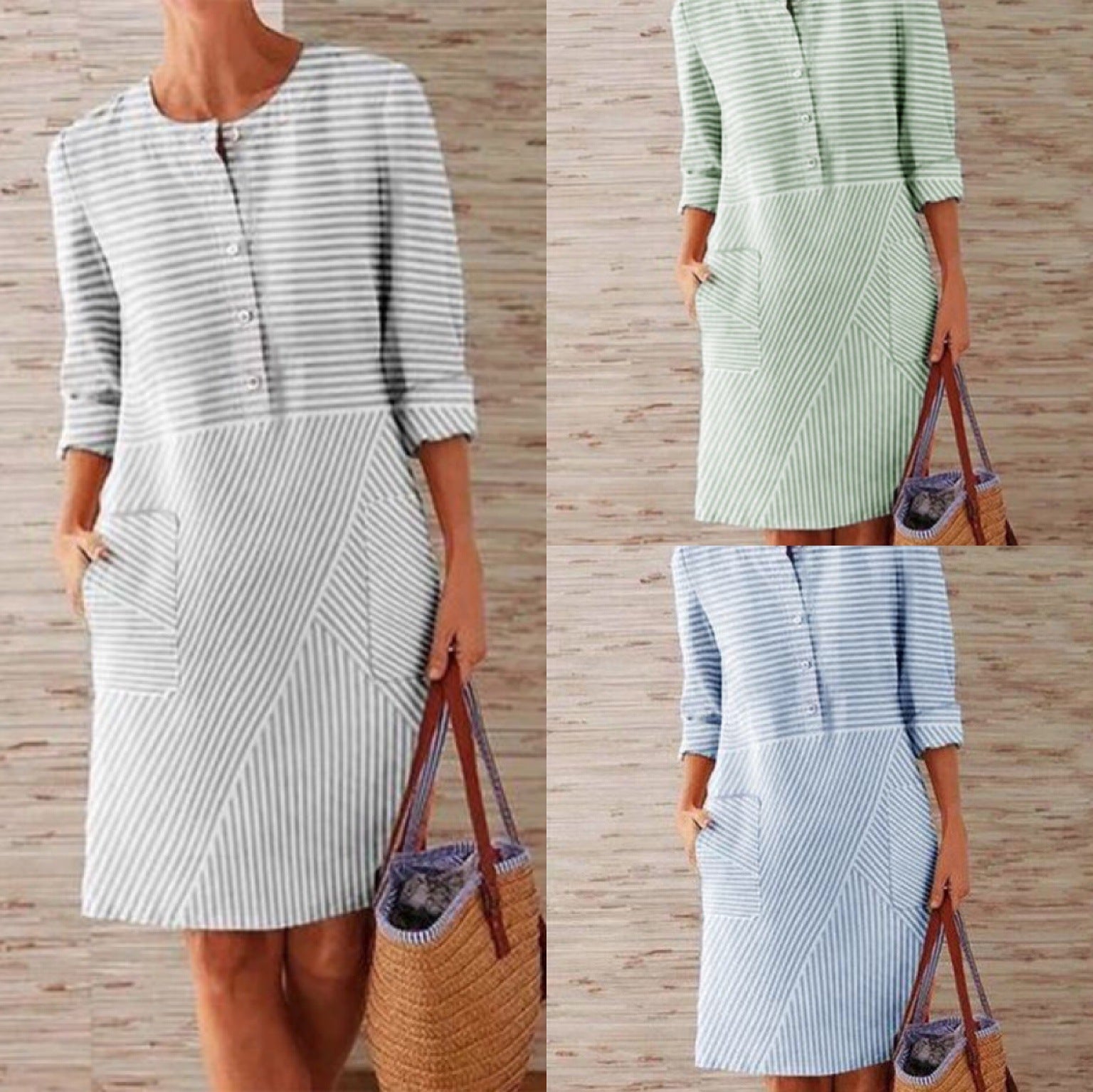 Buttons Down Stripped Midi Dress with Pockets