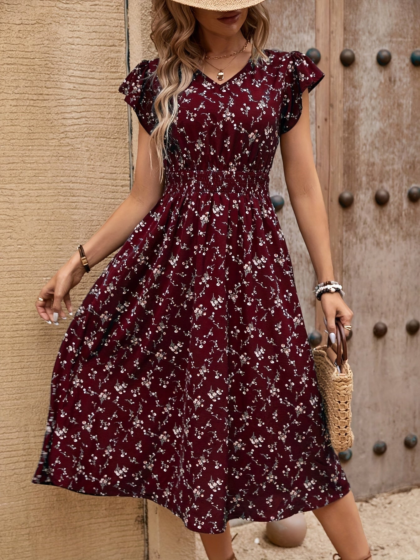 Floral V-Neck Ruffled Sleeves Midi Dress