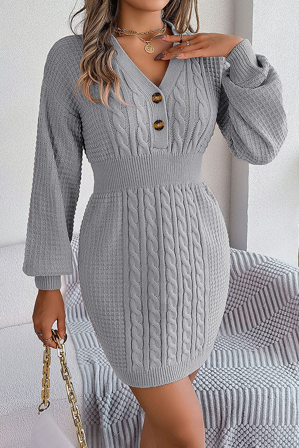 Buttoned V-neck Twist Lantern Sleeves Mini Sweater Dress