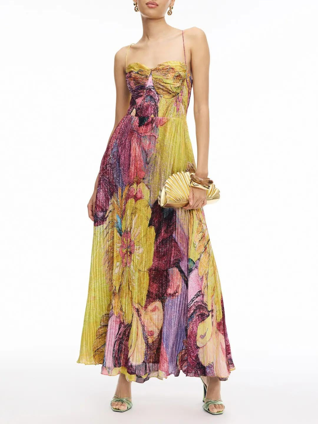 Elegant Vibrant Bold Floral Printed Pleated Maxi Dress