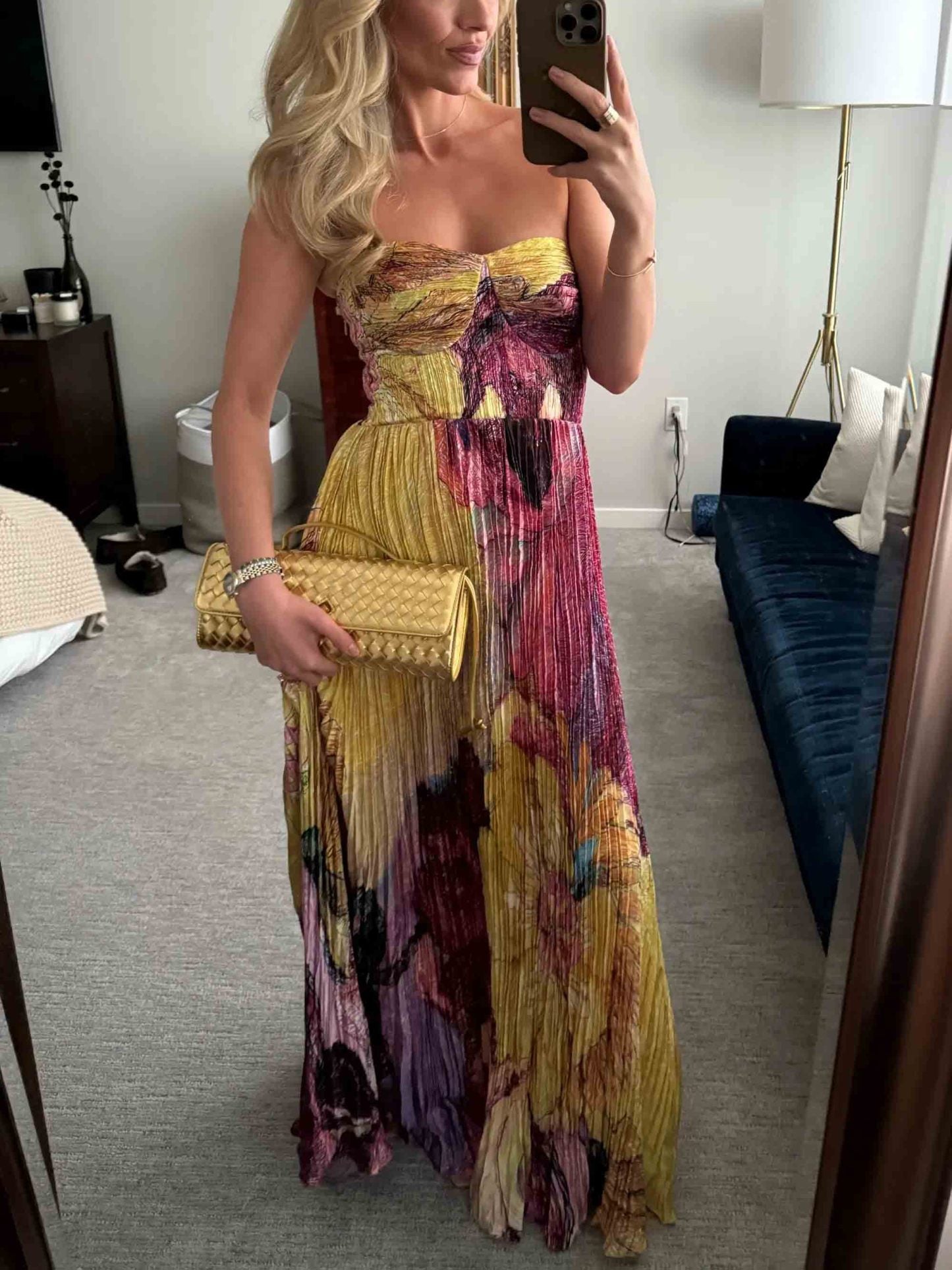 Elegant Vibrant Bold Floral Printed Pleated Maxi Dress