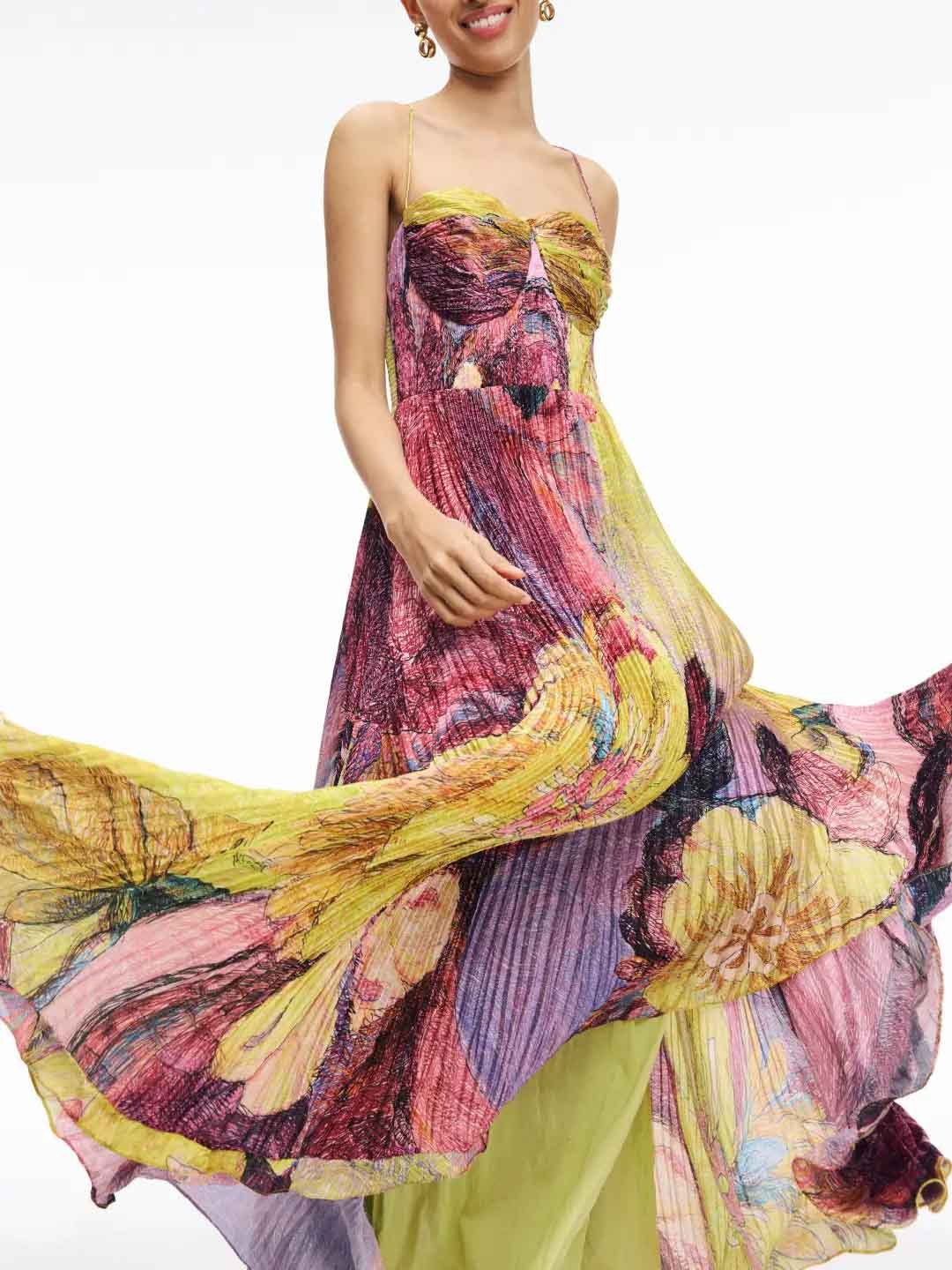 Elegant Vibrant Bold Floral Printed Pleated Maxi Dress