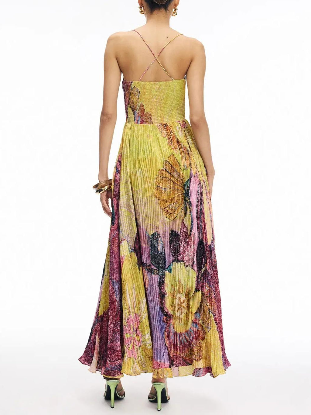 Elegant Vibrant Bold Floral Printed Pleated Maxi Dress