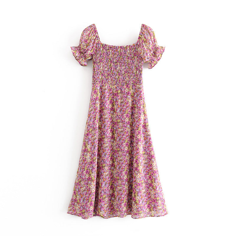 Retro Floral Short Sleeves Slit Side Midi Dress