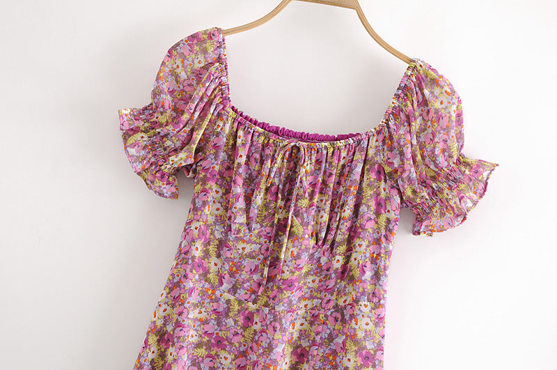 Retro Floral Short Sleeves Slit Side Midi Dress