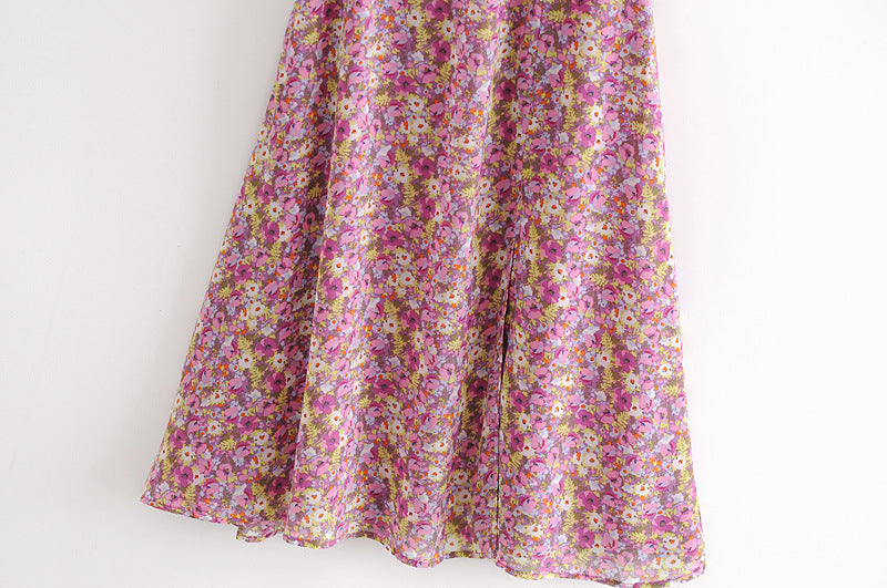 Retro Floral Short Sleeves Slit Side Midi Dress