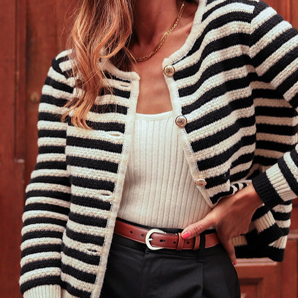 Black Contrast Striped Print Button Up Cardigan