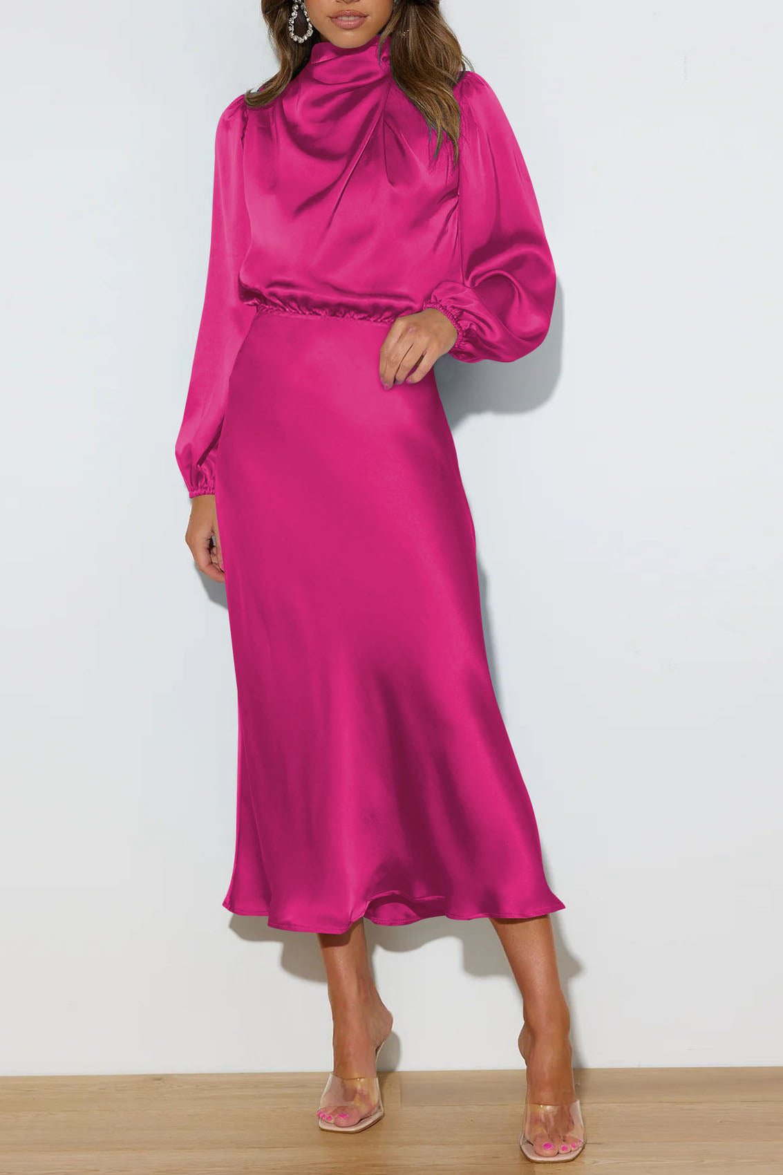 Chic Satin Long Sleeve Midi Party Dress