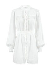 Load image into Gallery viewer, White Long Sleeves Buttons Down Tied Waist Mini Dress
