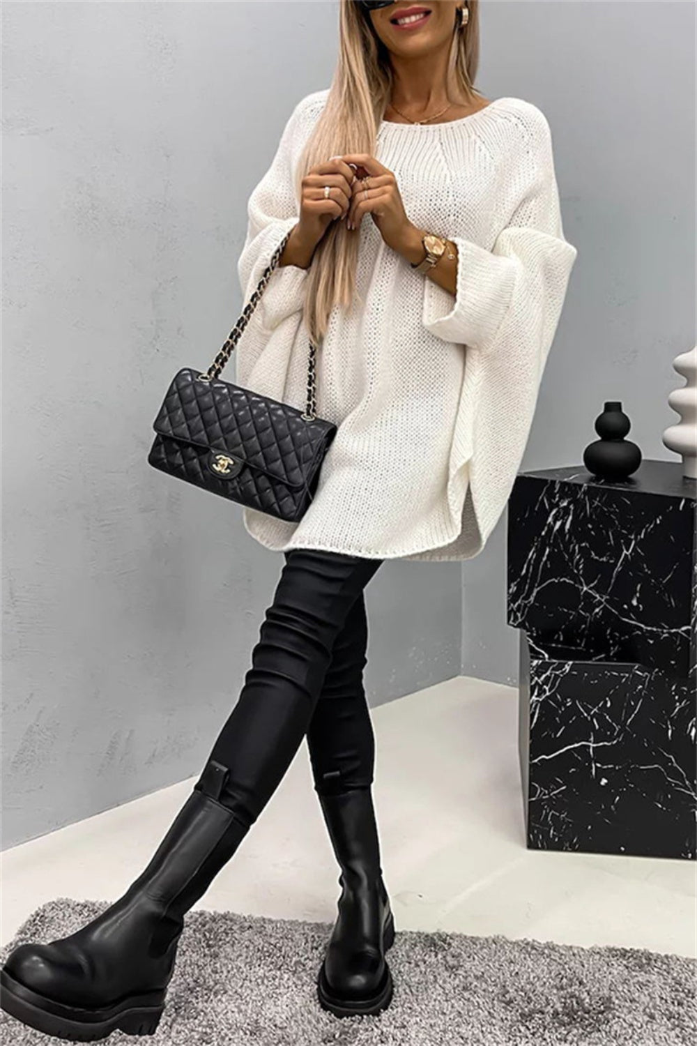 Casual Knit Crew Neck Poncho Loose Sweater