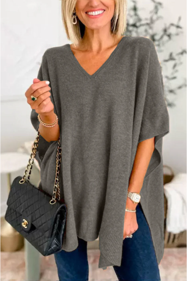 Classic V Neck Loose Fit Solid Poncho Sweater