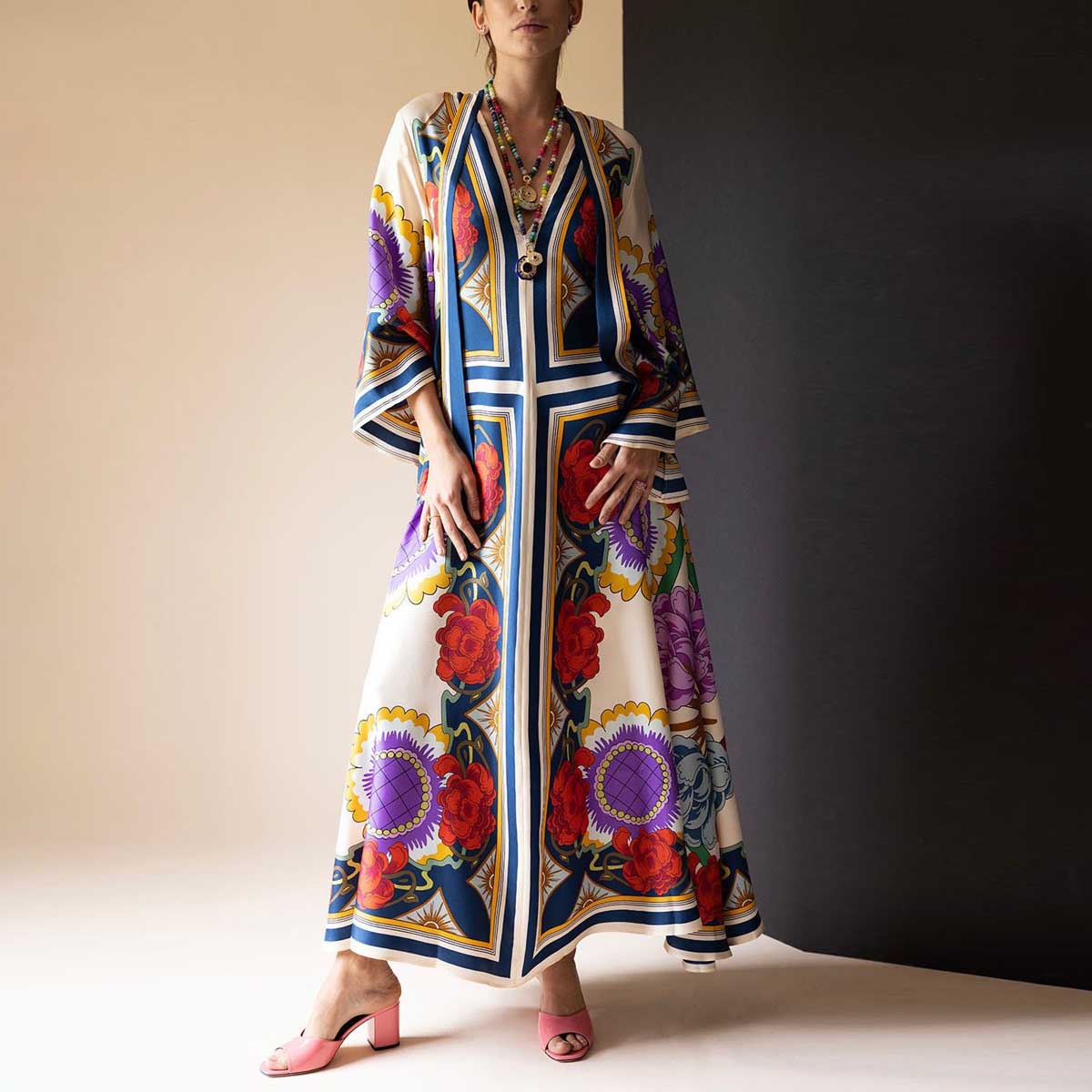 Elegant Ethnic Floral Print Long Sleeves Maxi Dress