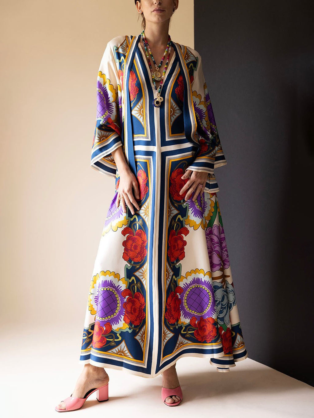 Elegant Ethnic Floral Print Long Sleeves Maxi Dress