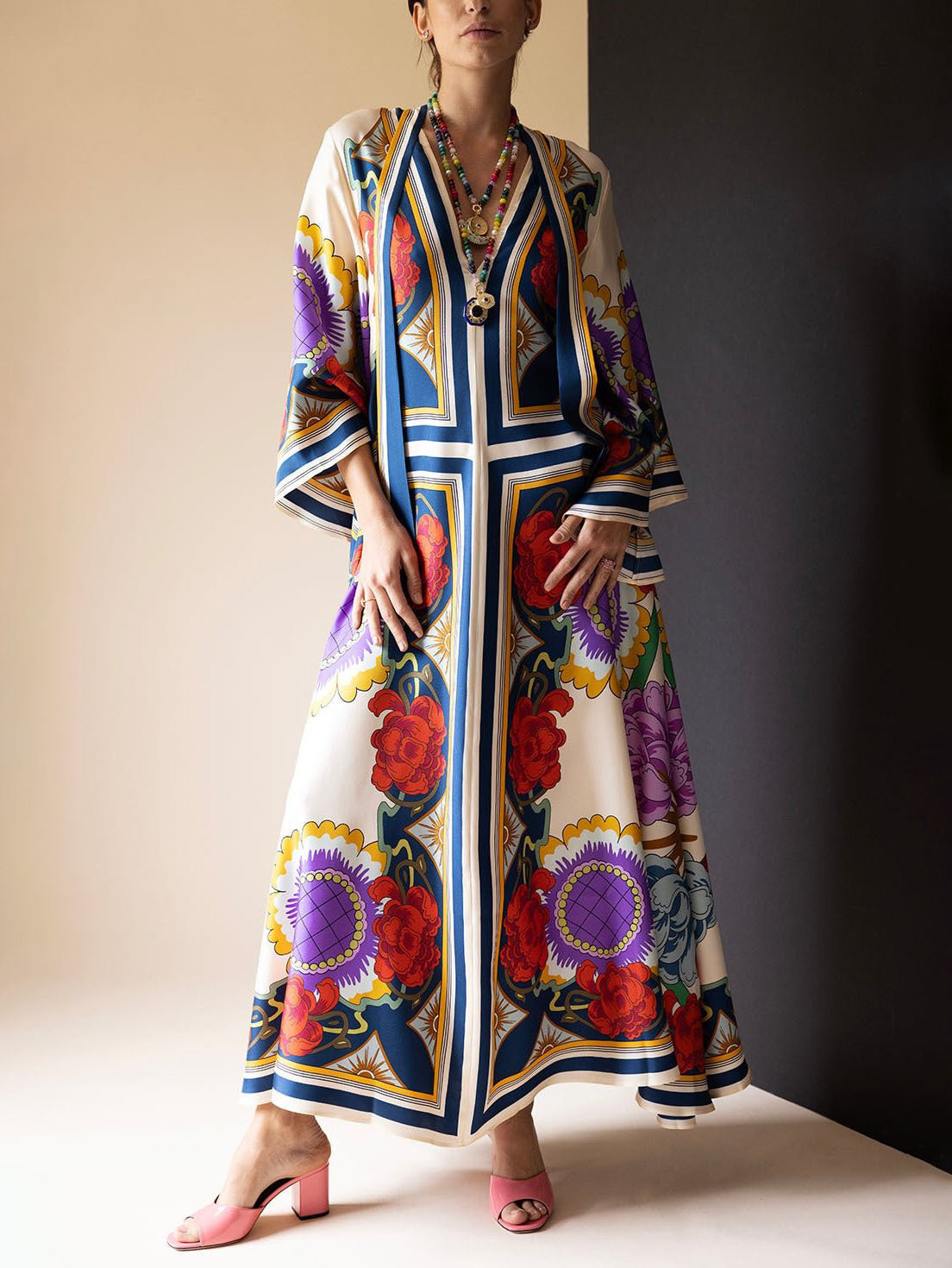 Elegant Ethnic Floral Print Long Sleeves Maxi Dress